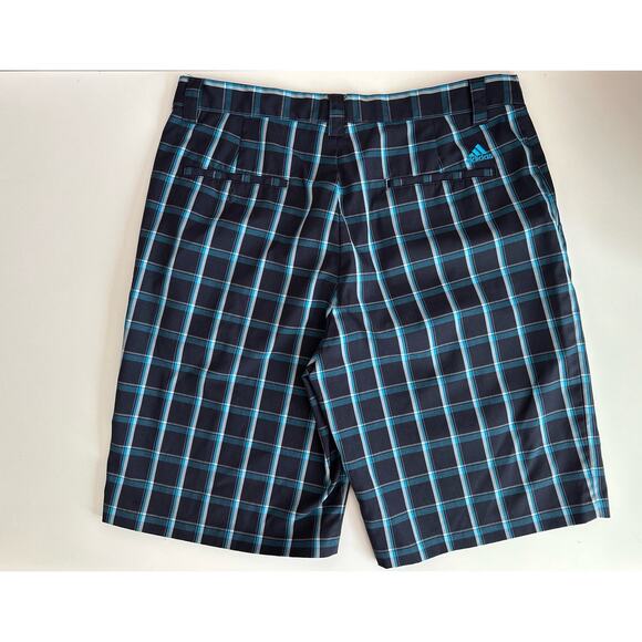Adidas Climate Men´s Golf Shorts Performance Flat Front Blue Plaid Logo Size 34 - Picture 2 of 7